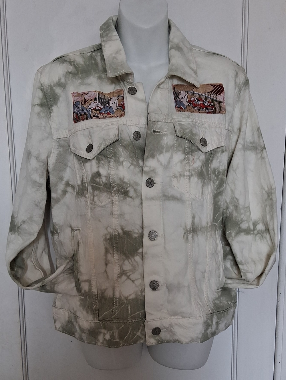 Lucky Brand Vera's Upcycled Cream Canvas Olive Wash Jacket w Brocade Embroidery